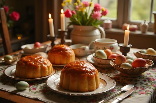 Easter Table with Bundt Cakes, Dyed Eggs, and Flower Arrangement