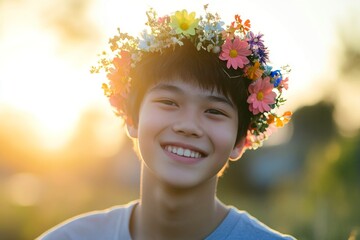 Fototapeta premium Smiling asian teenager boy with tt hair wearing multi-colored flower crown on his head. Happy vacation time holidays conceptual art. Early sunshine. Boyâ€™s outdoor fun with flowers.