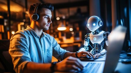 Man, robot, coding, night office, AI collaboration, tech