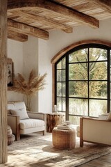Fototapeta premium Serene Living Room with Natural Light and Rustic Charm Featuring Wooden Beams and Cozy Armchairs in a Peaceful Setting