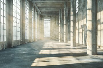 Sunlit industrial warehouse interior with concrete pillars and large windows.