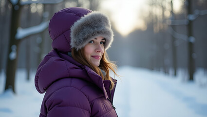 Stylish Young Woman in Purple Down Jacket: Winter Fashion Illustration