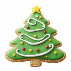 Realistic Christmas tree-shaped sugar cookie decorated with green icing, colorful candy ornaments, and festive white piping, isolated on transparent background