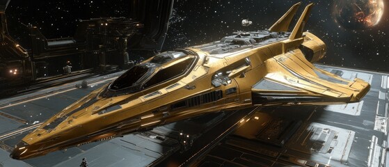 Fototapeta premium A futuristic golden spaceship docked in a space station, surrounded by stars and planets, showcasing advanced technology and design, ideal for sci-fi themes and concepts