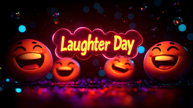 Floating, playful emoji faces smiling and laughing with glowing "Laughter Day" title in bold and vibrant bubble text