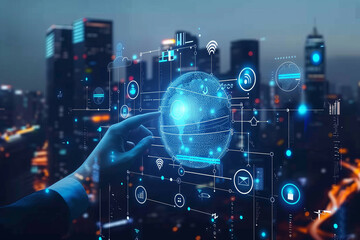 Futuristic digital interface displaying a complex network of data across a modern cityscape with skyscrapers at night