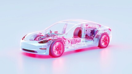 Fototapeta premium EV Modular Design Display, a comprehensive top-down visualization of a disassembled electric vehicle highlighting the battery system, aerodynamic components, and advanced technology modules.
