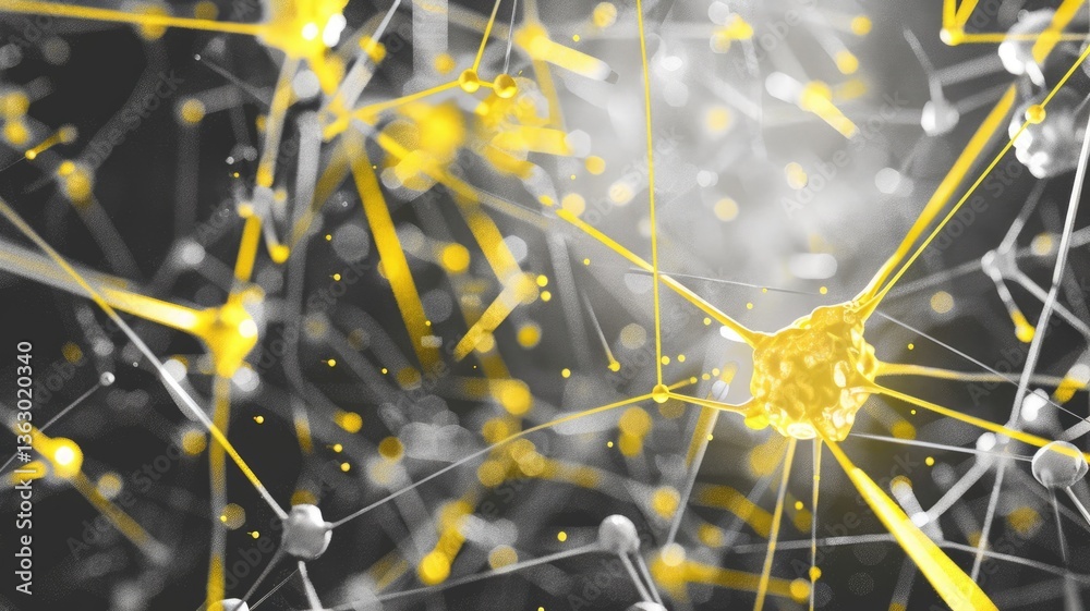 Poster this abstract image showcases a network design featuring yellow nodes and connecting lines, represen