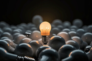 This image depicts a pile of traditional light bulbs with one glowing bulb standing upright, symbolizing innovation, individuality, creativity, and leadership amidst conformity