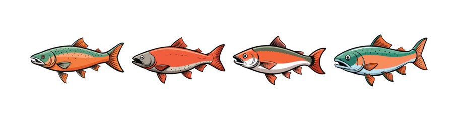 Set of  Stunning Wild Salmon Colorful Underwater Scene