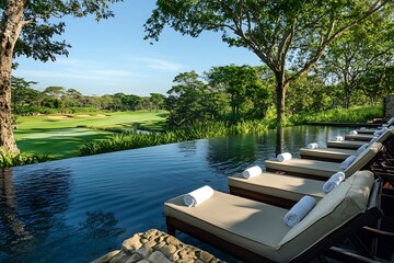 Scenic golf resort pool with luxury sun loungers and views of lush green fairways.