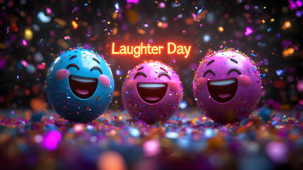 Playful scene of colorful emoji faces with happy expressions, joyful confetti and dynamic glowing "Laughter Day" title