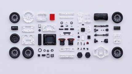 Fototapeta premium High-Tech Vehicle Component Layout, Intricate arrangement of white and black car parts including tires, frame, and electronics on a soft gray background, showcasing modern design and precision.