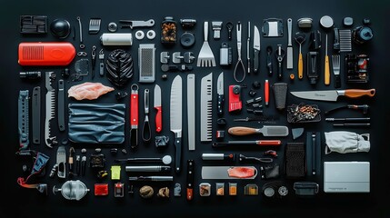 Fototapeta premium Modular Kitchen Tools Arrangement, a minimalist display of essential kitchen utensils like knives and graters on a neutral surface, emphasizing industrial design aesthetics.