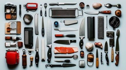 Minimalist Kitchen Utensils Arrangement Clean layout of modular kitchen tools including knives, peelers, graters, and handles on a neutral tabletop, showcasing industrial design elegance