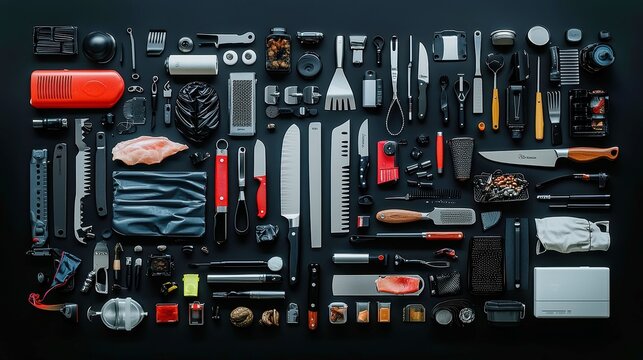 Modular Kitchen Tools Arrangement, a minimalist display of essential kitchen utensils like knives and graters on a neutral surface, emphasizing industrial design aesthetics.