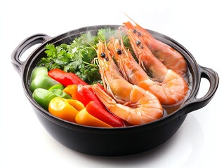 Steaming Shrimp Hot Pot with Colorful Peppers and Fresh Herbs