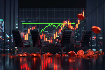 This image presents a creative and metaphorical representation of financial growth and market trends in a corporate setting with a graph overlaying a sleek boardroom