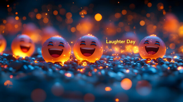 Soft glowing scene of happy laughing face emojis, radiant colorful sparkles and gently illuminated "Laughter Day" text