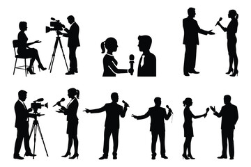 Obraz premium Television News Interview Reporting Broadcasting Journalism, News interview scene vector Illustration Silhouette, press reporter concept vector