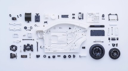 Minimalist Car Components Arrangement, Clean flat lay showcasing meticulously organized car parts by category on a neutral white surface, emphasizing sharp detail and sleek materials.