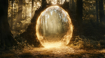 Fototapeta premium Magical glowing portal in a dense forest surrounded by sunlight and mist 