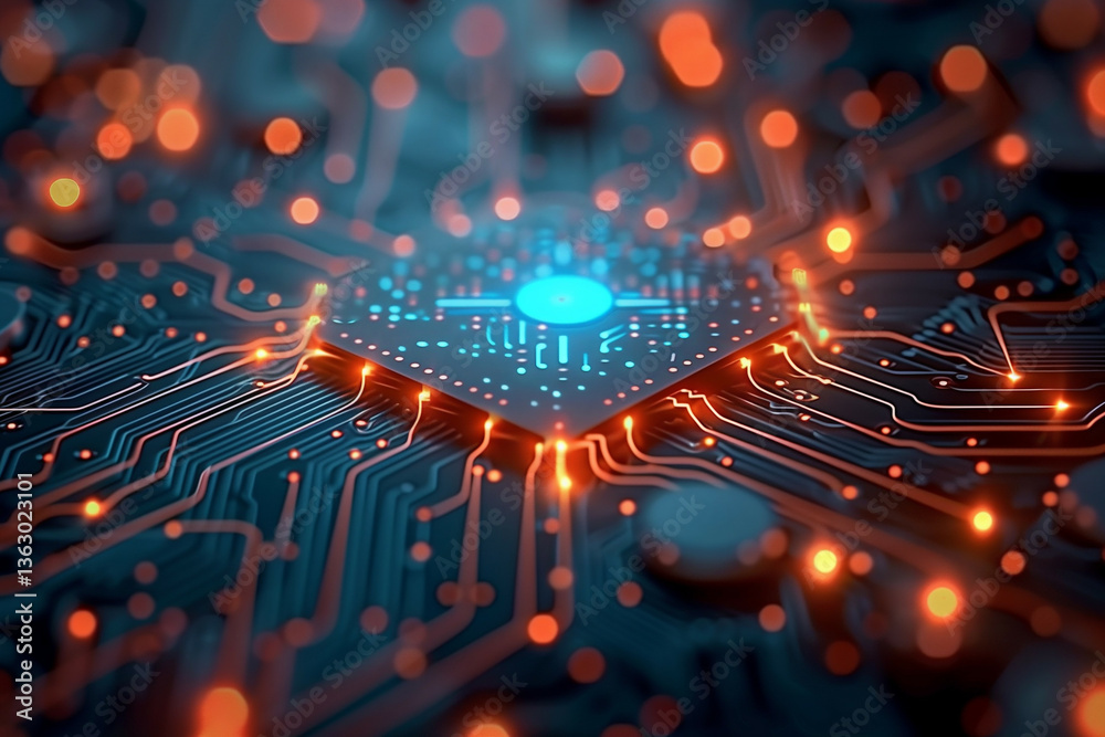 Wall mural a futuristic circuit board glowing with advanced ai technology, depicting a high-tech microchip with