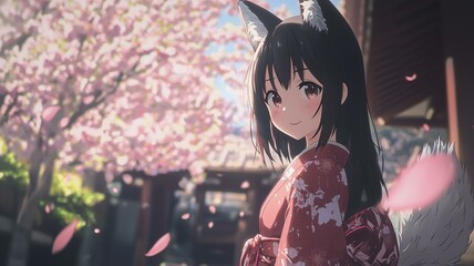 Fototapeta premium Realistic anime-style scene of a fox girl in traditional kimono surrounded by cherry blossoms 