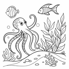 Obraz premium Save to Library Download Preview Preview Crop Find Similar File #: 122251238 Stylized composition of octopus (poulpe), tropical fish, underwater seaweed and corals. Freehand sketch for adult a