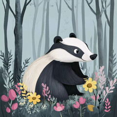 Cute illustrated badger surrounded by colorful flowers in a whimsical forest setting