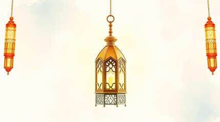 Obraz premium Three ornate lanterns hang centered in the sky illustration