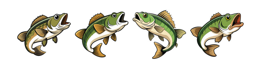 Set of Dynamic Writhing Bass Fish Color Art
