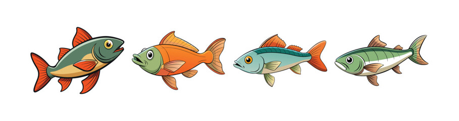 Set of Lifelike Wryback Fish Realistic Color Art