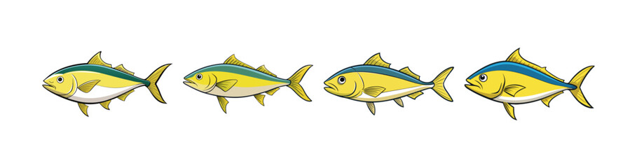 Set of Beautiful Yellowtail Amberjack Fish Realistic Art