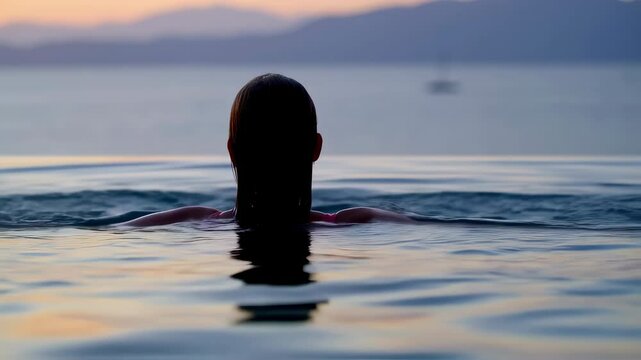 A woman is swimming in a infinity pool in front the ocean with her hair wet