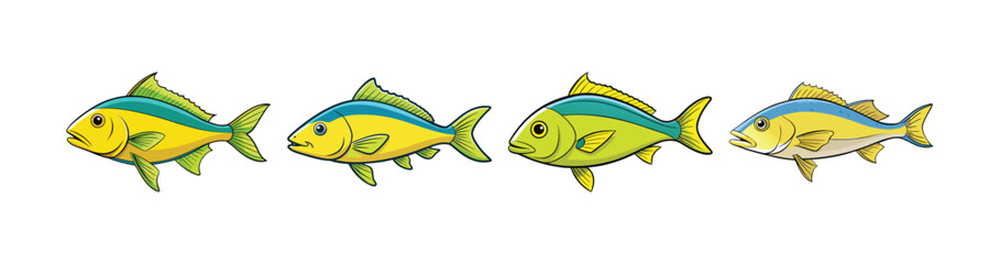 Set of Beautiful Yellowtail Snapper Fish Realistic Art