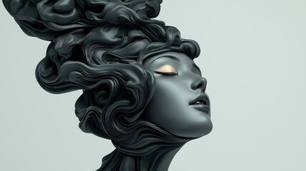 Abstract Dark Gray Female Portrait with Glowing Eyes and Swirling Hair