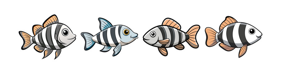 Set of Vivid Zebra Fish Realistic Color Illustration