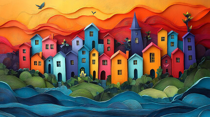 A vibrant and dynamic paper art creation, bursting with a spectrum of colors. This striking artwork features layers of vividly colored paper, intricately folded, cut, and arranged to form a lively