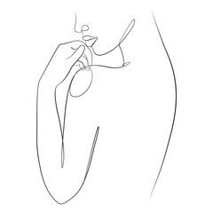 Line drawing silhouette of woman with her hands folded near face line drawing on white isolated background 