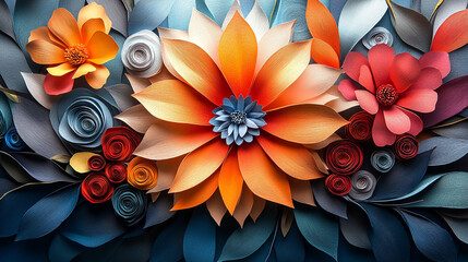 A vibrant and dynamic paper art creation, bursting with a spectrum of colors. This striking artwork features layers of vividly colored paper, intricately folded, cut, and arranged to form a lively