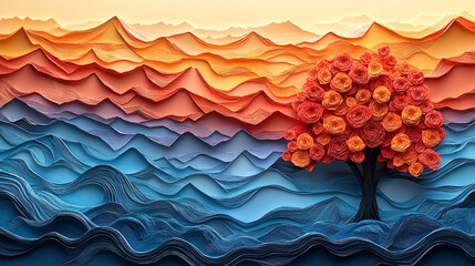 A vibrant and dynamic paper art creation, bursting with a spectrum of colors. This striking artwork features layers of vividly colored paper, intricately folded, cut, and arranged to form a lively