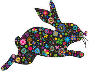 Vector patterned Easter Bunny with flowers and butterflies. For Posters Banners Design, Sales, Cards, Invitations, Parties. Transparent background. Isolated