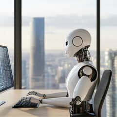 A futuristic robot sits at a desk, using a computer, with a city skyline visible through large windows.