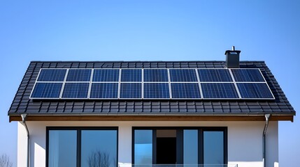 Fototapeta premium Solar Panels on a Modern Home: A modern home showcases the integration of solar panels on its roof, symbolizing sustainable energy and eco-friendly living, with a clear blue sky backdrop.