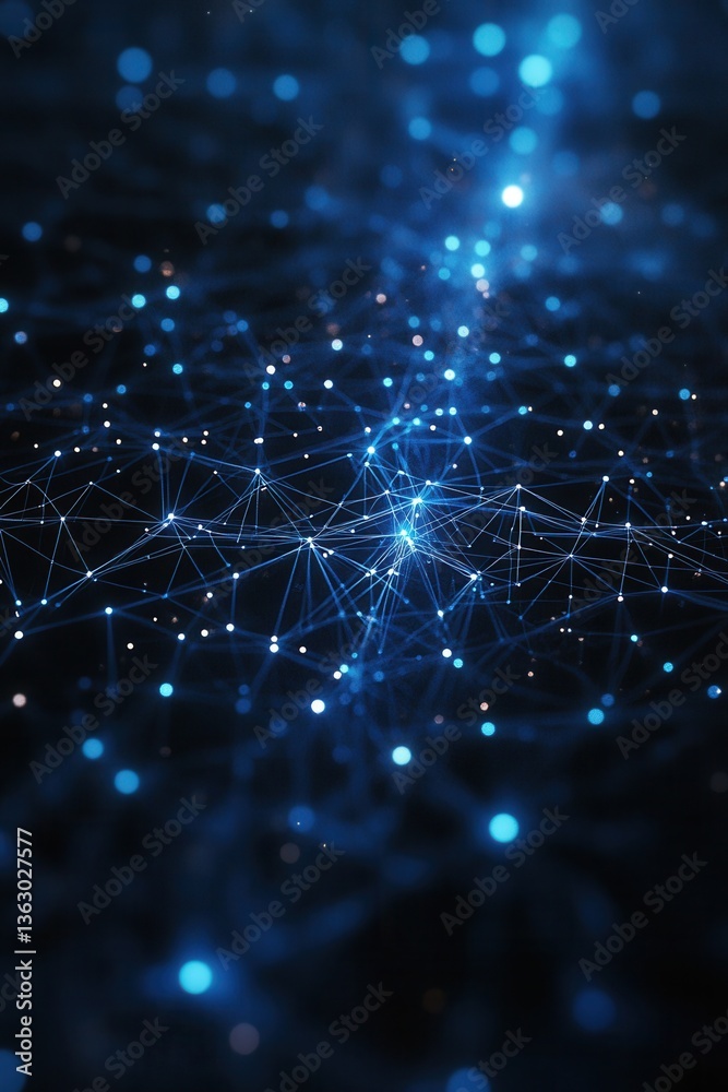 Poster Abstract blue network background with glowing dots and lines representing data connection and technology innovation for digital world