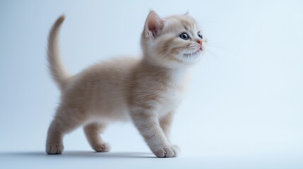 Cute ginger Scottish Fold kitten standing on white background in studio light
