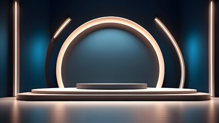 Empty stage Design for mockup and Corporate identity,Display.Platform elements in hall.Blank screen system for Graphic Resources.Scene event led night light staging.3d Background for online.3 render.