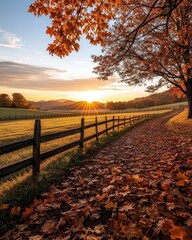 Obraz premium A serene autumn landscape featuring vibrant foliage, a wooden fence, and a stunning sunset casting warm light over a peaceful field.