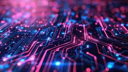 Obraz premium Vibrant abstract image of an electronic circuit board showcasing intricate lines and luminous colors. Ideal for technology and digital design themes.